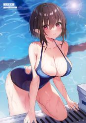 Rule 34 | 1girl, absurdres, artist name, bare arms, bare shoulders, blue one-piece swimsuit, blush, breasts, brown hair, cleavage, collarbone, dengeki moeou, elf, fingernails, highres, large breasts, looking at viewer, mole, mole on breast, natsuki (ukiwakudasai), one-piece swimsuit, parted lips, pointy ears, pool, purple eyes, scan, short hair, sidelocks, simple background, solo, sparkle, swimsuit, thighs, water, water drop, wet