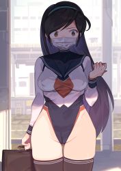 Rule 34 | 1girl, adapted uniform, bag, bare hips, black hair, black sailor collar, blue hairband, breasts, briefcase, brown eyes, brown thighhighs, cameltoe, cleft of venus, collarbone, commentary request, covered erect nipples, covered navel, day, gluteal fold, gradient hair, groin, hairband, highleg, highleg leotard, highres, holding, holding bag, leotard, long hair, long sleeves, looking at watch, mask, medium breasts, mouth mask, multicolored hair, multicolored leotard, original, purple hair, sailor collar, school briefcase, school uniform, serafuku, skindentation, solo, spring2013, thigh gap, thighhighs, very long hair, watch, wristwatch
