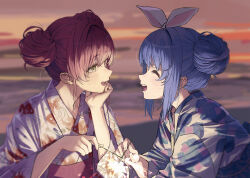 2girls :d animal_print anno_masato blue_hair closed_eyes facing_another fish_print floral_print hair_bun hand_on_own_chin highres holding holding_fireworks hololive houshou_marine japanese_clothes kimono looking_at_another multiple_girls open_mouth outdoors print_kimono red_hair single_hair_bun single_side_bun smile tongue usada_pekora virtual_youtuber wide_sleeves yellow_eyes
