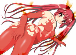 Rule 34 | 1girl, absurdres, ass, back, blush, bodysuit, breasts, covered erect nipples, covering privates, covering ass, cthugha (nyaruko-san), elbow gloves, fire, fire, gloves, hair ornament, haiyore! nyaruko-san, highres, long hair, looking at viewer, looking back, red eyes, red gloves, red hair, red thighhighs, solo, thighhighs, twintails