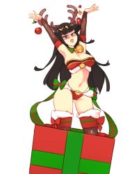 Rule 34 | 1girl, :d, alternate costume, antlers, armpits, arms up, black hair, black thighhighs, blunt bangs, blush, bouncing breasts, box, breasts, christmas ornaments, cleavage, commentary, detached sleeves, english commentary, female focus, fire emblem, fur-trimmed legwear, fur trim, gift, gift box, horns, in box, in container, large breasts, long hair, looking at viewer, navel, neck bell, nintendo, o/, open mouth, outstretched arms, rtil, simple background, smile, solo, stomach, tharja (fire emblem), tharja (winter) (fire emblem), thighhighs, very long hair, white background