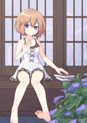 Rule 34 | 1girl, absurdres, bare arms, bare legs, bare shoulders, barefoot, blanc (neptunia), blue eyes, blush, book, brown hair, dress, feet, hair between eyes, highres, looking at viewer, neptune (series), outdoors, short hair, sitting, smile, soles, solo, spaghetti strap, toes, white dress, yashi (hayashiki0404)