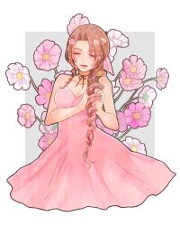 Rule 34 | 1girl, aerith gainsborough, bare arms, bare shoulders, black ribbon, blue flower, breasts, brown hair, cleavage, collarbone, dress, drill hair, closed eyes, final fantasy, final fantasy vii, flower, hair flower, hair intakes, hair ornament, hair ribbon, highres, long hair, medium breasts, neck ribbon, pink dress, pink flower, pink ribbon, purple flower, ribbon, smile, solo, strapless, strapless dress, toufu (toufu 53), white flower, yellow flower