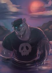 Rule 34 | 1boy, animal ears, bara, black headwear, black shirt, blue eyes, cloud, cloudy sky, commentary, echo (visual novel), echo project, english commentary, furry, furry male, glowing, glowing eyes, highres, horrorbuns, lake, looking at viewer, male focus, moon, night, night sky, otter boy, otter ears, outstretched hand, red moon, shirt, skull print, sky, sydney bronson, wet, wet clothes