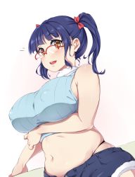 Rule 34 | 10s, 1girl, bare shoulders, belly, blue hair, blush, bow, breasts, brown eyes, denim, denim shorts, covered erect nipples, female focus, glasses, hair bow, highres, large breasts, long hair, looking at viewer, moisture (chichi), navel, nikuko (galko), oshiete! galko-chan, plump, puffy nipples, red-framed eyewear, short shorts, shorts, simple background, skindentation, smile, solo, sweater vest, teeth, twintails, white background