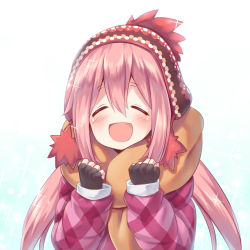 Rule 34 | 1girl, :d, ^ ^, black gloves, closed eyes, coat, commentary request, fingerless gloves, gloves, gradient background, hat, kagamihara nadeshiko, long hair, looking at viewer, low twintails, milkshakework, open mouth, pink hair, scarf, simple background, smile, solo, twintails, winter clothes, winter coat, yurucamp