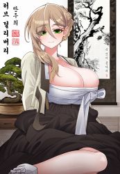 Rule 34 | 1girl, ban joo-hee, black skirt, braid, braided bun, breasts, character name, cleavage, copyright name, green eyes, grey hanbok, hair behind ear, hair between eyes, hair bun, hanbok, highres, korean clothes, korean commentary, korean text, large breasts, looking at viewer, love delivery, mole, mole under eye, sarashi, sitting, skirt, smile, solo, yong-gok