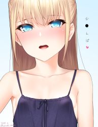 Rule 34 | 1girl, bare shoulders, blonde hair, blue background, blue camisole, blue eyes, blush, camisole, collarbone, flat chest, gradient background, kanzaki muyu, long hair, looking at viewer, open mouth, original, solo