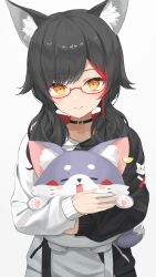 Rule 34 | 1girl, absurdres, animal ears, bespectacled, black choker, black hair, blush, choker, glasses, hair between eyes, hair ornament, hairclip, highres, holding, hololive, long hair, long sleeves, looking at viewer, low twintails, norio (noriosub), ookami mio, ookami mio (casual), red-framed eyewear, red hair, simple background, smile, twintails, two-tone hoodie, virtual youtuber, white hair, wolf ears, wolf girl, yellow eyes