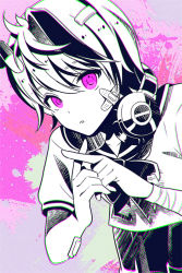 Rule 34 | 1girl, bandaged arm, bandages, bandaid, bandaid on cheek, bandaid on face, bent over, bow, bowtie, chromatic aberration, commentary, crossed bandaids, flower (vocaloid), flower (vocaloid4), greyscale, greyscale with colored background, hair between eyes, headphones, headphones around neck, high contrast, highres, looking at viewer, monochrome, multicolored hair, parted lips, pill hair ornament, purple background, purple eyes, sailor collar, school uniform, serafuku, short hair, short sleeves, skirt, solo, spot color, streaked hair, taisa piyo, venom (vocaloid), vocaloid, x fingers