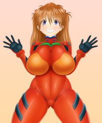 Rule 34 | 1girl, adapted costume, alternate breast size, blue eyes, blush, bodysuit, breasts, brown hair, curvy, hair ornament, large breasts, lips, long hair, looking at viewer, neon genesis evangelion, nipples, pixiv1478062, plugsuit, red bodysuit, shiny clothes, shiny skin, skin tight, smile, solo, souryuu asuka langley, two side up, very long hair