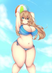 Rule 34 | 1girl, armpits, arms up, artist name, ball, beachball, belly, bikini, blonde hair, blue bikini, blue eyes, blush, breasts, cleavage, cloud, day, highres, huge breasts, iveo, long hair, looking at viewer, navel, original, plump, sky, smile, solo, swimsuit, thick thighs, thighs, very long hair