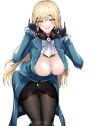Rule 34 | 1girl, :d, absurdres, ascot, atago (kancolle), black gloves, black skirt, blonde hair, blush, breasts, cleavage, fur collar, gloves, gluteal fold, green eyes, hair between eyes, highres, kantai collection, large breasts, long hair, long sleeves, military, military uniform, no headwear, no headwear, open clothes, open mouth, open shirt, pantyhose, sack, sing152, skirt, smile, tailcoat, uniform