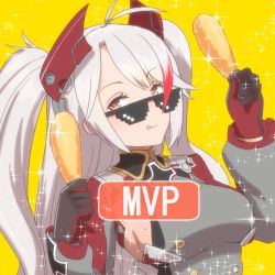 Rule 34 | 1girl, :q, antenna hair, azur lane, black gloves, breasts, cross, deal with it (meme), food, gloves, headgear, holding, holding food, iron cross, kuroshiro gurei, long hair, long sleeves, looking at viewer, meme, mole, mole on breast, multicolored hair, mvp, orange eyes, prinz eugen (azur lane), red hair, simple background, solo, sparkle, streaked hair, sunglasses, tongue, tongue out, two side up, upper body, white hair, yellow background