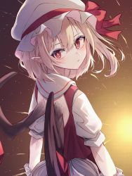 Rule 34 | 1girl, artist name, back, back bow, blonde hair, blush, bow, brown background, brown sky, closed mouth, commentary request, crystal, dress, flandre scarlet, from behind, gradient background, grey bow, grey hat, grey shirt, hair between eyes, hat, hat ribbon, highres, jewelry, katsukare, light, looking back, mob cap, night, night sky, one side up, puffy short sleeves, puffy sleeves, red dress, red eyes, red ribbon, ribbon, shirt, short hair, short sleeves, sky, solo, space, standing, star (sky), starry sky, sun, touhou, white hat, wings, wrist cuffs, yellow background