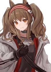 Rule 34 | 1girl, angelina (arknights), animal ears, arknights, azuazu 0405, black gloves, black shirt, brown eyes, brown hair, closed mouth, coat, collar, fox ears, gloves, grey coat, hairband, highres, infection monitor (arknights), jacket, long hair, long sleeves, looking at viewer, open clothes, open coat, open jacket, red hairband, red jacket, shirt, sidelocks, simple background, smile, solo, twintails, two-tone hairband, upper body, white background
