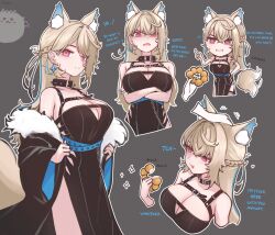 Rule 34 | 1girl, absurdres, alternate costume, animal ear fluff, animal ears, belt, black dress, blonde hair, blue belt, breasts, cleavage, cleavage cutout, clothing cutout, collar, disembodied hand, dog ears, dog girl, dog tail, doughnut, dress, earrings, female focus, food, fuwawa abyssgard, glaring, headpat, highres, hololive, hololive english, jewelry, large breasts, multicolored hair, pink eyes, scowl, solo, tail, tail wagging, tfqr, tsundere, two-tone hair, virtual youtuber