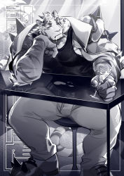 Rule 34 | 1boy, absurdres, animal ears, arknights, bara, black tank top, bulge, coat, coat on shoulders, crrispy shark, cup, drinking glass, drooling, elbow rest, full body, furry, furry male, greyscale, highres, holding, holding cup, large pectorals, male focus, monochrome, mountain (arknights), muscular, muscular male, pectorals, saliva, scar, scar across eye, scar on face, short hair, sidepec, sitting, sleeping, solo, spread legs, tank top, thick thighs, thighs, tiger boy, tiger ears, white fur, white hair, wine glass