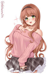 Rule 34 | 1girl, alternate costume, bare shoulders, black skirt, blush, breasts, brown hair, collarbone, cowboy shot, ebifurya, frilled skirt, frills, green eyes, hair between eyes, helena (kancolle), highres, kantai collection, long hair, looking at viewer, off-shoulder sweater, off shoulder, one-hour drawing challenge, open mouth, simple background, skirt, small breasts, solo, sparkle, sweater, twitter username, white background