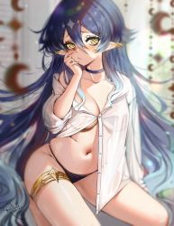 Rule 34 | 1girl, absurdres, black panties, blue hair, breasts, choker, collarbone, covered erect nipples, dark blue hair, ear ornament, genshin impact, hair between eyes, hand on own cheek, hand on own face, highres, layla (genshin impact), long hair, looking at viewer, medium breasts, messy hair, naked shirt, navel, on bed, panties, partially unbuttoned, pointy ears, rosebell, see-through, shirt, shirt slip, sitting, stomach, thigh strap, thighlet, thighs, underwear, very long hair, yellow eyes