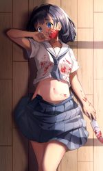 Rule 34 | 1girl, black hair, blood, blue eyes, coma (light825), covered in blood, expressionless, highres, knife, kofune mio, looking at viewer, lying, navel, school uniform, serafuku, shadow mio, solo, stomach, summertime render, uniform, wooden floor