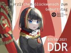 Rule 34 | 1girl, absurdres, black hair, black jacket, blue eyes, commentary request, communism, east german, east german flag, german clothes, german text, highres, jacket, looking at viewer, medium hair, multicolored clothes, multicolored scarf, open mouth, original, personification, phonetik, scarf, solo, upper body