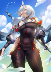 Rule 34 | 1girl, bird, blue nails, blue sky, blueorca, bodysuit, breasts, bridal gauntlets, cloud, covered navel, detached sleeves, earrings, from below, genshin impact, gold trim, grey eyes, hair ornament, hair over one eye, highres, hip vent, holding, holding polearm, holding weapon, jewelry, large breasts, looking ahead, nail polish, parted lips, polearm, shenhe (genshin impact), skindentation, sky, solo, tassel, tassel earrings, thong, weapon, white hair