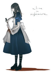 Rule 34 | 1girl, alice: madness returns, alice (alice in wonderland), alice in wonderland, alice liddell (american mcgee&#039;s alice), american mcgee&#039;s alice, american mcgee's alice, black hair, blood, brown hair, dress, grin, highres, knife, kozaki yuusuke, long hair, simple background, smile, solo, striped clothes, striped thighhighs, thighhighs, vorpal blade