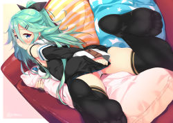 Rule 34 | 10s, 1girl, black ribbon, black thighhighs, blue eyes, blush, body pillow, clothes pull, couch, covering privates, covering ass, cushion, detached sleeves, dutch angle, feet, gintarou (kurousagi108), green hair, hair between eyes, hair ornament, hair ribbon, hairclip, kantai collection, long hair, looking at viewer, looking back, lying, on stomach, panties, pantyshot, pillow, ribbon, skirt, skirt pull, soles, solo, star (symbol), star print, striped, thighhighs, toes, underwear, upskirt, white panties, yamakaze (kancolle)