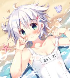 Rule 34 | 1other, ahoge, androgynous, areola slip, beach, blush, character name, clenched hands, commentary request, green eyes, hair flaps, hair ornament, hands up, heart, looking at viewer, lying, meshio-chan (pan (mimi)), nail polish, name tag, ocean, on back, one-piece swimsuit, original, pan (mimi), pink nails, sand, short hair, smile, solo, starfish, strap slip, swimsuit, upper body, water, wet, white hair, white one-piece swimsuit