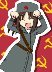 Rule 34 | 1girl, animated, animated gif, artist request, caramelldansen, character request, closed eyes, coat, communism, fur hat, hammer and sickle, hat, military, military coat, military uniform, papakha, red background, red star, source request, star (symbol), trench coat, uniform