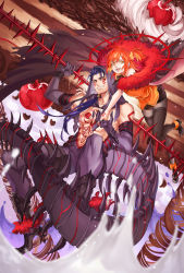 Rule 34 | 1boy, 1girl, absurdres, bare pectorals, black cape, black footwear, black pantyhose, black skirt, blue gloves, blue hair, bodysuit, brown hair, cake, cape, cherry, chest tattoo, chocolate cake, command spell, cu chulainn (fate), cu chulainn (fate) (all), cu chulainn (fate/stay night), cu chulainn alter (fate), cu chulainn alter (fate/grand order), cu chulainn alter (third ascension) (fate), earrings, elbow gloves, facepaint, facial mark, fate/grand order, fate (series), food, food-themed background, fruit, fujimaru ritsuka (female), fujimaru ritsuka (female) (mage&#039;s association uniform), full body, gae bolg (fate), gloves, grin, hair ornament, hair over shoulder, hair scrunchie, hair strand, highres, holding, holding hands, holding polearm, holding spear, holding weapon, hood, jewelry, kuzen, lancer, long hair, looking at viewer, monster boy, official alternate costume, orange shirt, pantyhose, pectorals, pencil skirt, polearm, ponytail, red eyes, scrunchie, shirt, shoes, short hair, side ponytail, skirt, smile, spear, spiked tail, spikes, tail, tattoo, thighband pantyhose, weapon, whipped cream, yellow scrunchie