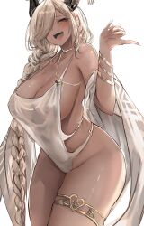 Rule 34 | 1girl, absurdres, azur lane, bare shoulders, blonde hair, blush, braid, breasts, cleavage, commentary, dark-skinned female, dark skin, english commentary, hair over one eye, hand up, highres, horns, jewelry, large breasts, liaowen, long hair, looking at viewer, mole, mole under mouth, one eye covered, open mouth, owari (azur lane), ring, sideboob, simple background, smile, thighlet, thighs, white background