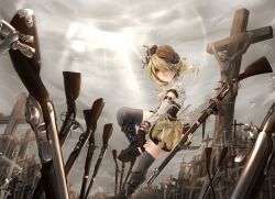 Rule 34 | 10s, 1girl, antique firearm, armlet, bad id, bad pixiv id, belt, beret, black thighhighs, blonde hair, boots, bracelet, cloud, cross, crucifixion, drill hair, fate (series), field of blades, fingerless gloves, firearm, firelock, flintlock, gloves, gun, hair over one eye, hat, highres, jewelry, koh (minagi kou), mahou shoujo madoka magica, mahou shoujo madoka magica (anime), musket, puffy sleeves, rifle, solo, thighhighs, tomoe mami, unlimited blade works (fate), weapon, yellow eyes