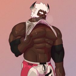 Rule 34 | 1boy, abs, animal ears, bara, bare arms, bare pectorals, breath, bulge, cerothoni (0thoni), clothes in mouth, clothes lift, cow boy, cow ears, cow horns, cowboy shot, dark-skinned male, dark skin, highres, horns, large pectorals, lifting own clothes, long sideburns, male focus, mature male, mouth hold, muscular, muscular male, navel, nipples, original, pectorals, pink shorts, shirt, shirt in mouth, shirt lift, short hair, shorts, sideburns, solo, stomach, sweat, tank top, thick eyebrows, thick thighs, thighs, very dark skin, wet, wet clothes, wet shirt, white hair, white tank top, wrestling outfit