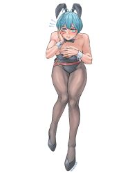 Rule 34 | 1girl, alternate costume, animal ears, antenna hair, black bow, black bowtie, black clover, black leotard, black pantyhose, blue eyes, blue hair, blush, bow, bowtie, breasts, cleavage, detached collar, embarrassed, fake animal ears, flying sweatdrops, full body, grey (black clover), highres, honexstage, large breasts, leotard, pantyhose, simple background, solo, strapless, strapless leotard, white background, wrist cuffs