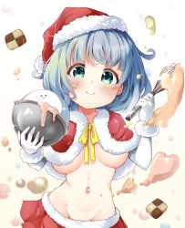 Rule 34 | 1girl, :3, bowl, capelet, christmas, cleavage cutout, closed mouth, clothing cutout, cookie, cowboy shot, food, gradient background, green eyes, green hair, groin, hat, heart, highres, holding, holding bowl, holding whisk, konpaku youmu, konpaku youmu (ghost), looking at viewer, navel, pegashi, red capelet, red hat, red skirt, santa costume, santa hat, short hair, skirt, smile, solo, standing, sweets, touhou, whisk, yellow background