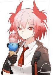 Rule 34 | 1girl, animal ears, arknights, bird ears, black jacket, bright pupils, collared shirt, fiammetta (arknights), food, gradient hair, hand up, holding, holding food, ice cream cone, jacket, lemuen (arknights), long hair, mostima (arknights), multicolored hair, necktie, objectification, open clothes, open jacket, pink hair, red eyes, red necktie, shirt, short hair, simple background, solo, toto (t0t00629), upper body, white background, white pupils, white shirt