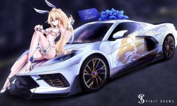 Rule 34 | 1girl, animal ears, artist name, artoria pendragon (all), artoria pendragon (fate), artoria pendragon (swimsuit ruler) (fate), bare shoulders, bikini, blurry, blurry background, breasts, car, car keys, chevrolet, chevrolet corvette, chevrolet corvette c8, cleavage, closed mouth, commentary, crown, english commentary, english text, eyelashes, fake animal ears, fate/grand order, fate (series), frilled straps, full body, gift, gold trim, green eyes, hair between eyes, high heels, high ponytail, highres, knee up, large breasts, leotard, lion print, long hair, motor vehicle, navel, playboy bunny, shiny skin, smile, solo, spiritdraws x, split mouth, sports car, spread legs, swimsuit, thigh strap, thighs, tiara, vehicle focus, white bikini, white footwear, wrist cuffs