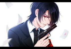 Rule 34 | 1boy, armband, bad id, bad pixiv id, black hair, gugure! kokkuri-san, gun, handgun, holding, holding gun, holding weapon, inugami (gugukoku), letter, letterboxed, looking at viewer, love letter, male focus, necktie, pistol, red eyes, shirt, short hair, simple background, solo, upper body, weapon, white background, white shirt, wii hola