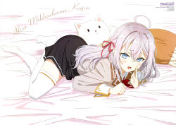 1girl absurdres ahoge alisa_mikhailovna_kujou bed_sheet black_skirt blue_eyes blush character_name crossed_bangs grey_hair grey_jacket hair_ribbon highres jacket long_hair long_sleeves looking_at_viewer magazine_scan murota_yuuhei newtype official_art open_mouth pillow pleated_skirt ribbon scan school_uniform shirt skirt smile solo stuffed_animal stuffed_cat stuffed_toy thighhighs tokidoki_bosotto_roshia-go_de_dereru_tonari_no_alya-san white_shirt white_thighhighs