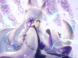 Rule 34 | 1girl, absurdres, animal ears, aqua eyes, azur lane, black gloves, blurry, commentary request, depth of field, fox ears, fox girl, fox tail, gloves, hair ornament, hair over one eye, highres, hitodama, japanese clothes, kasumi (azur lane), kurono hyouka, long hair, looking at viewer, petals, sidelocks, signature, solo, tail, twitter username, white hair, wide sleeves
