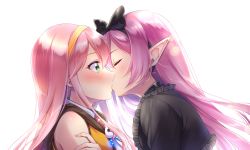 Rule 34 | 2girls, blush, commentary request, couple, elto 0079, closed eyes, green eyes, highres, kiss, long hair, multiple girls, original, pink hair, pointy ears, simple background, white background, yuri, zukyuun