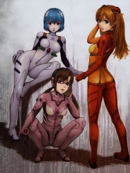 Rule 34 | 00s, 3girls, ass, ayanami rei, blue eyes, blue hair, bodysuit, brown hair, butt crack, elenab, evangelion: 2.0 you can (not) advance, glasses, hand on own face, highres, long hair, looking at viewer, looking back, makinami mari illustrious, multiple girls, neon genesis evangelion, parted lips, plugsuit, rebuild of evangelion, red-framed eyewear, red eyes, red hair, short hair, souryuu asuka langley, squatting, test plugsuit, twintails