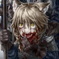 Rule 34 | 1girl, @ @, absurdres, animal ear fluff, animal ears, armor, blonde hair, blood, blood in hair, blood on clothes, blood on face, blood on gloves, braid, brown gloves, chainmail, crying, crying with eyes open, diu9you, gloves, guro, highres, holding, holding polearm, holding weapon, injury, medieval, open mouth, original, polearm, side braid, solo focus, spear, tears, teeth, tongue, weapon, yellow eyes