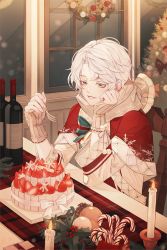 Rule 34 | 1boy, bishounen, box, cake, candle, candle wax, candlelight, candy, candy cane, christmas, christmas lights, christmas ornaments, christmas tree, fingerless gloves, food, fruit, garam (rkfka), gloves, highres, male focus, merry christmas, parted bangs, short hair, solo, strawberry, strawberry shortcake, white eyes, white hair