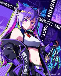 Rule 34 | 1girl, alternate costume, belt, braid, character name, commentary request, cone hair bun, copyright name, double bun, fingerless gloves, frown, genshin impact, gloves, hair between eyes, hair bun, hair ornament, hand on hilt, highres, hood, hooded coat, instagram username, keqing (genshin impact), long hair, long sleeves, looking at viewer, mhunter 45, navel, off shoulder, purple eyes, purple gloves, purple hair, sidelocks, single braid, solo, stomach, sword, twintails, v-shaped eyebrows, weapon