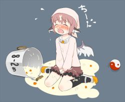 Rule 34 | 1girl, animal ears, blush, bucket, child, closed eyes, cooking pot, fang, female focus, full body, head scarf, mary janes, mystia lorelei, pink hair, shoes, short hair, simple background, sitting, skirt, socks, solo, sweater, tears, torque, touhou, wet, wings, yin yang