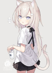 Rule 34 | 1girl, animal ears, artist name, black skirt, blonde hair, blue eyes, capriccio, cat ears, cat girl, cat tail, commentary request, cup, drinking straw, from behind, grey background, hair ornament, hairclip, long hair, looking at viewer, looking back, open mouth, original, school uniform, shirt, short sleeves, simple background, skirt, solo, tail, white shirt