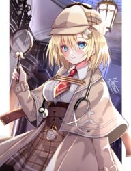 Rule 34 | 1girl, arm up, blonde hair, blue eyes, brown hat, brown jacket, brown skirt, closed mouth, collar, collared shirt, detective, hair ornament, hat, high-waist skirt, holding, hololive, hololive english, indoors, jacket, long sleeves, looking at viewer, necktie, nozomi fuuten, open clothes, open jacket, red necktie, shirt, short hair, signature, skirt, smile, solo, virtual youtuber, watson amelia, watson amelia (1st costume), white collar, white shirt